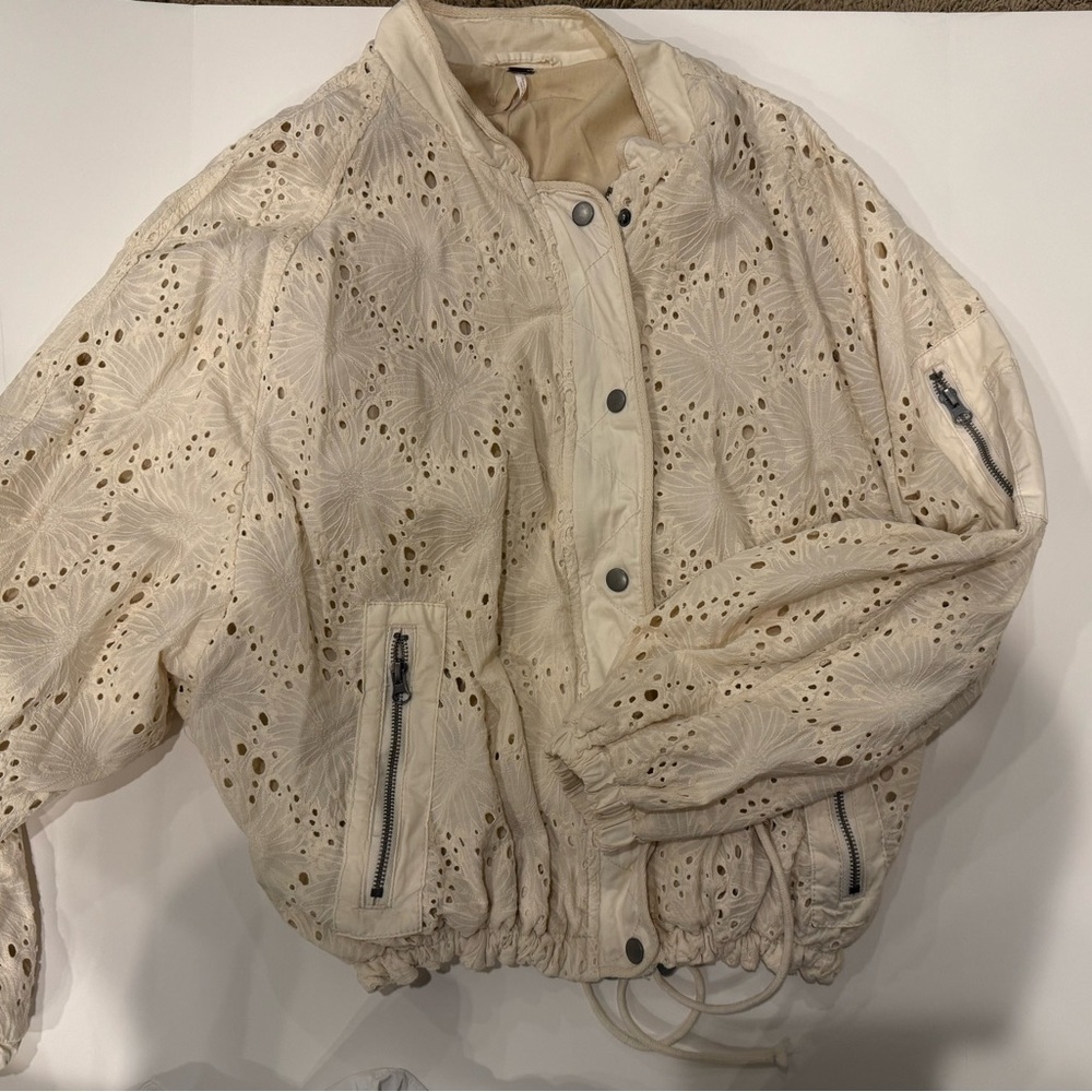 Free People Cream Eyelet Bomber Jacket